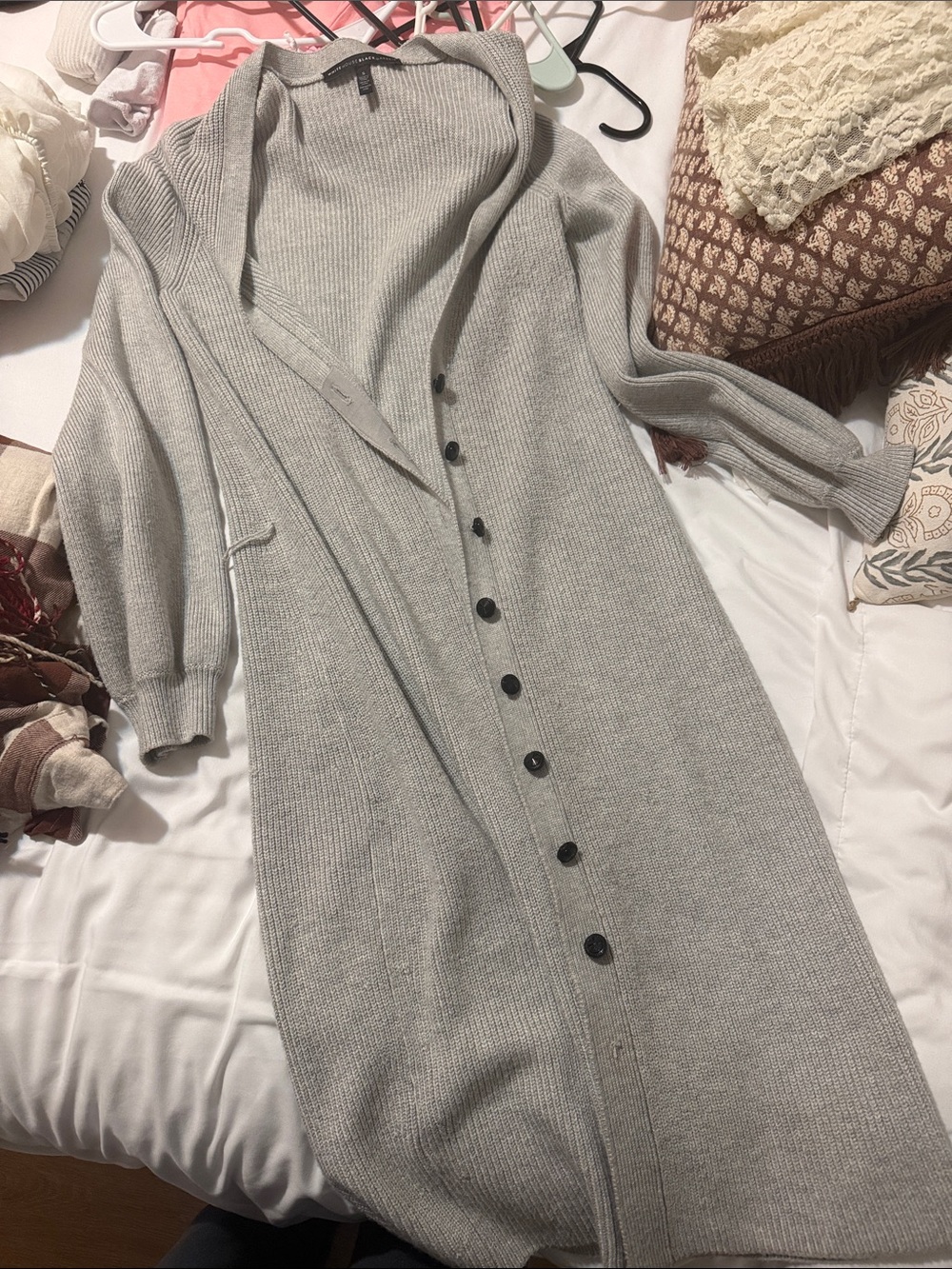 White House Black Market Long Gray Button-Front Ribbed Cardigan Dress